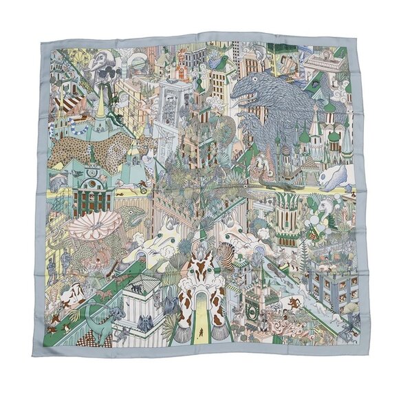 HERMES Giant Square Animapolis Size 140 Silk100% Blue・Glacier / Green / Yellow - Picture 1 of 5